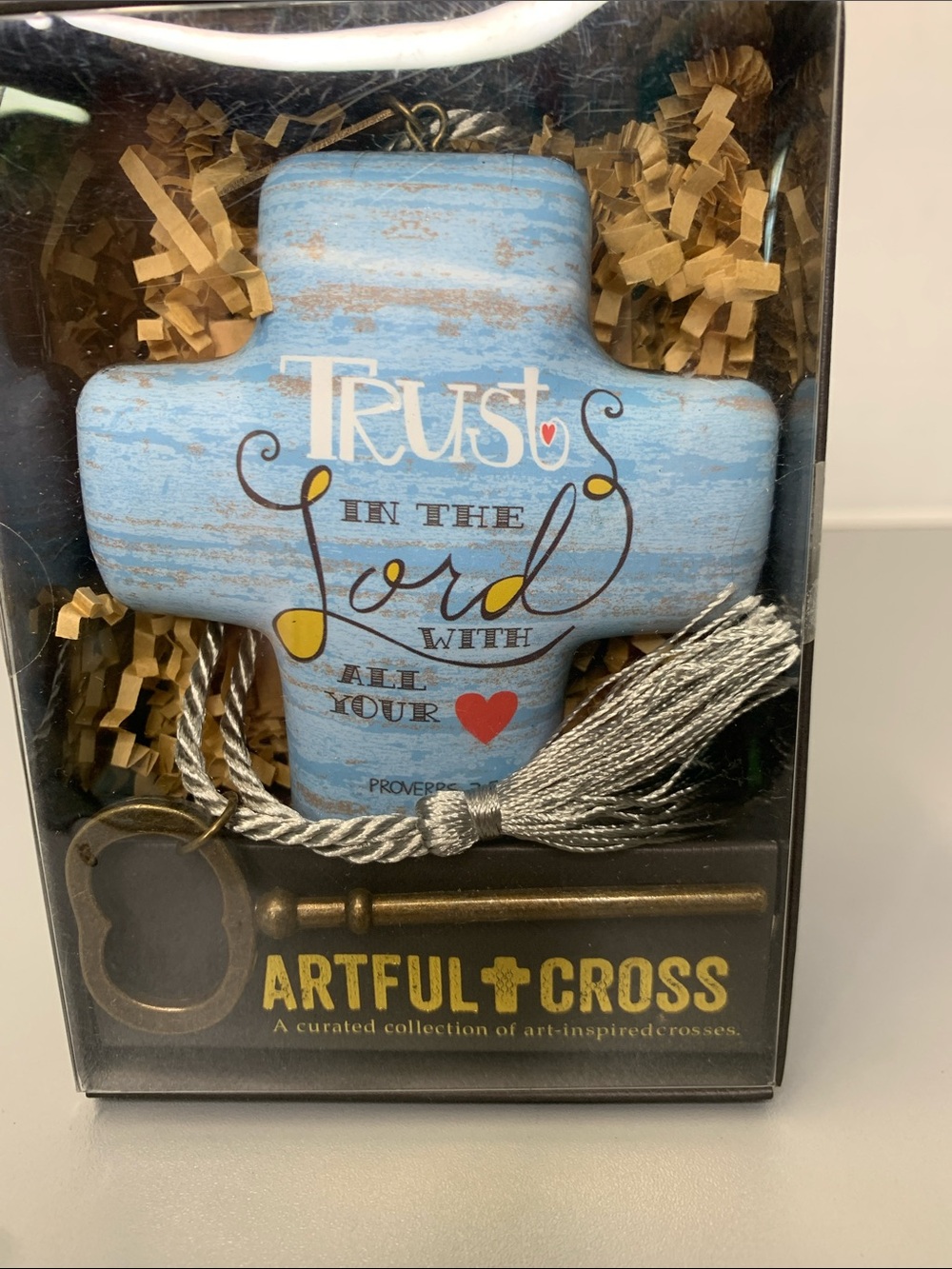 Demdaco "TRUST IN THE LORD.." Light Blue Decorative Cross with Gold Key Accent